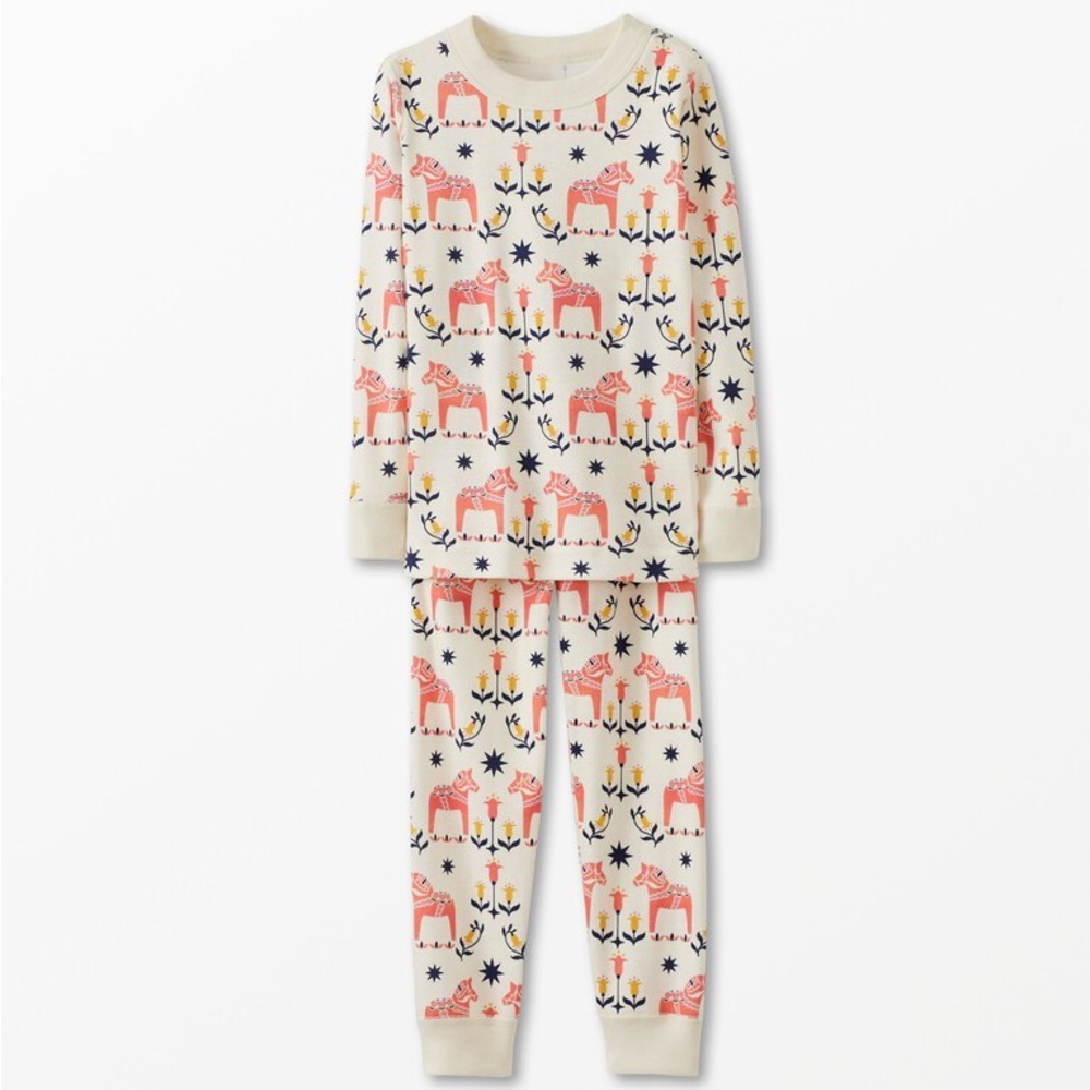 Hanna Andersson womens xs holiday print long John pajamas Dala horse EUC